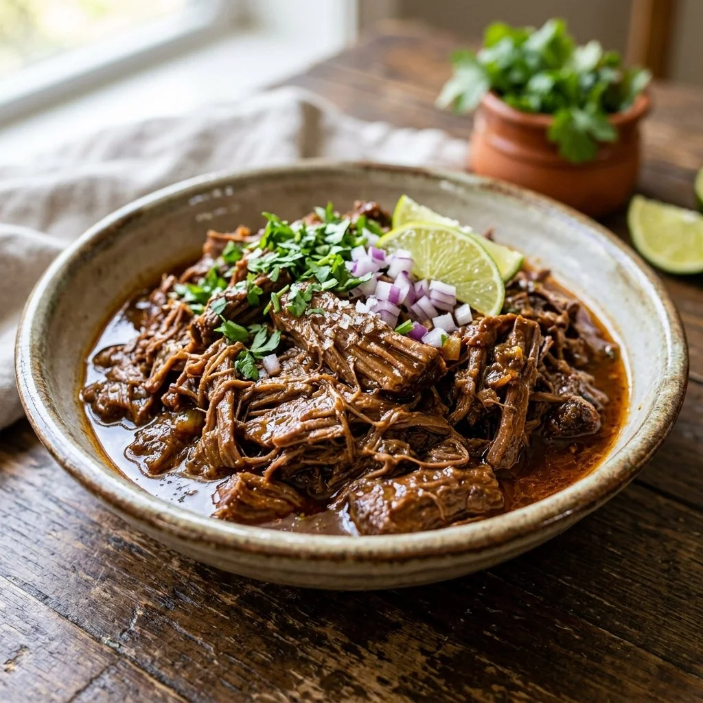 Delicious Barbacoa Beef served in tacos with fresh toppings
