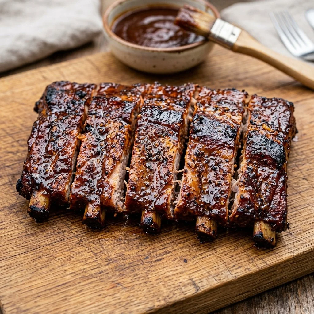 Delicious BBQ Baby Back Ribs with smoky glaze on a grill plate