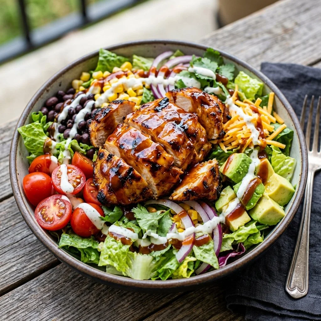 BBQ Chicken Salad with grilled chicken, fresh vegetables, and dressing