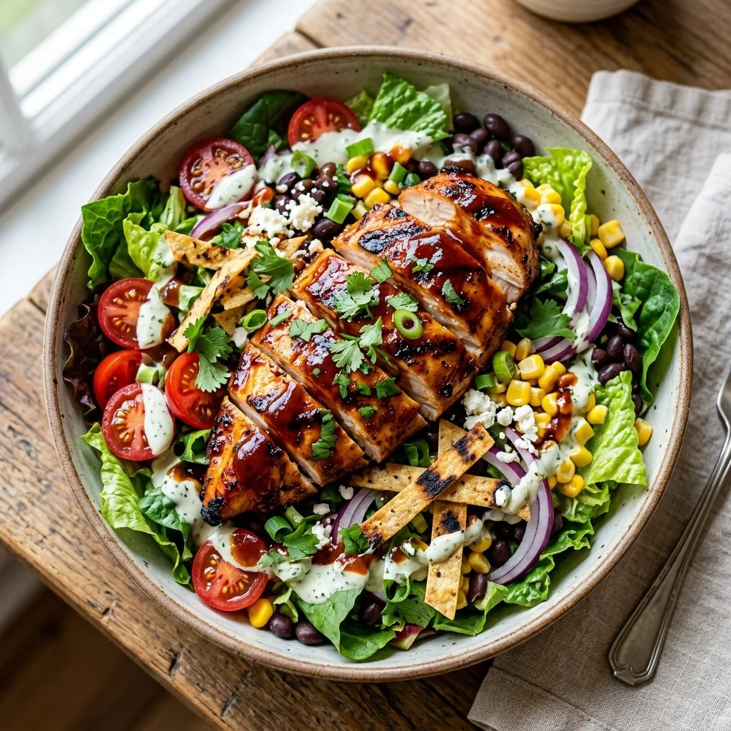 A vibrant BBQ Chicken Salad with grilled chicken, fresh greens, and barbecue dressing.