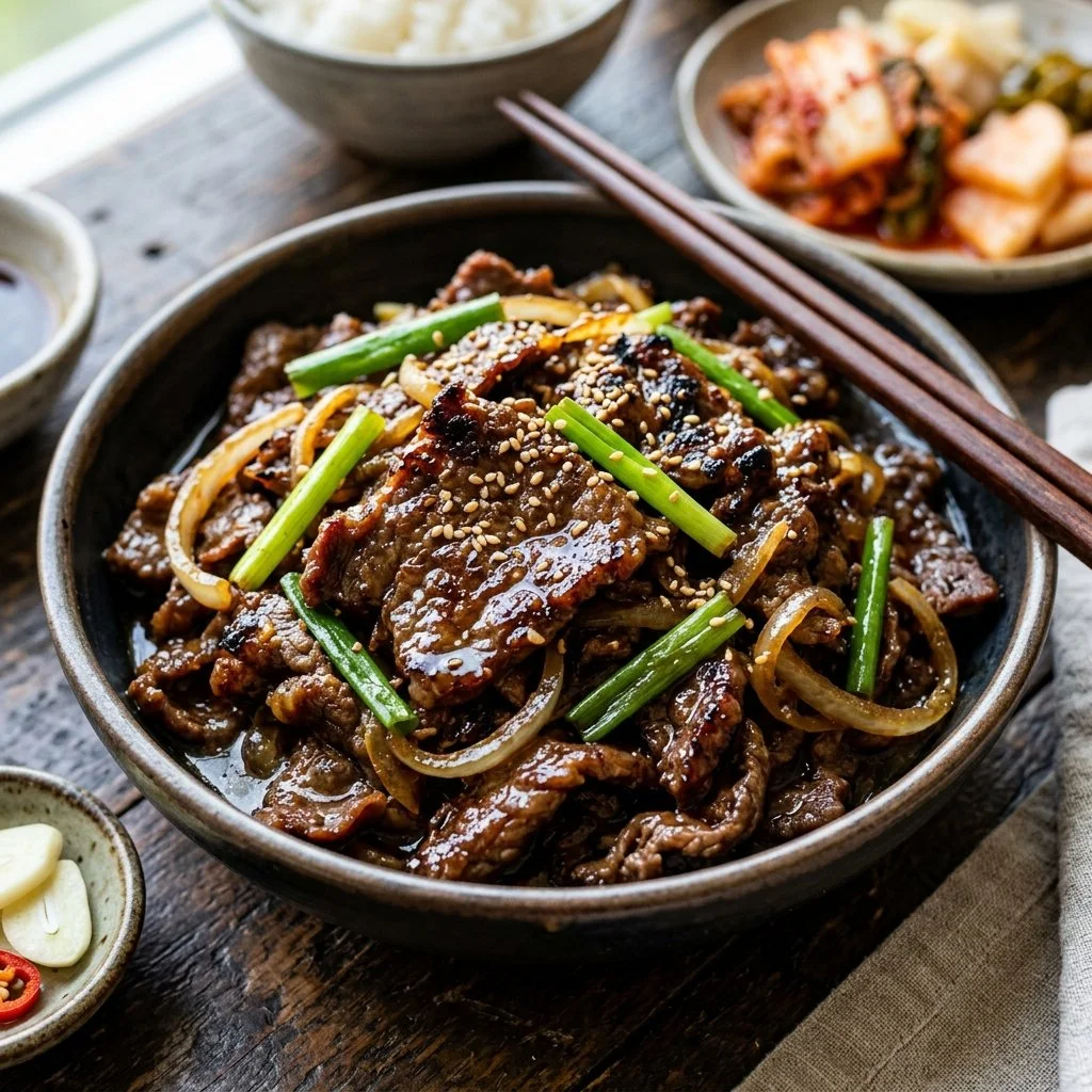 Delicious Beef Bulgogi marinated with Korean spices and served on a plate.