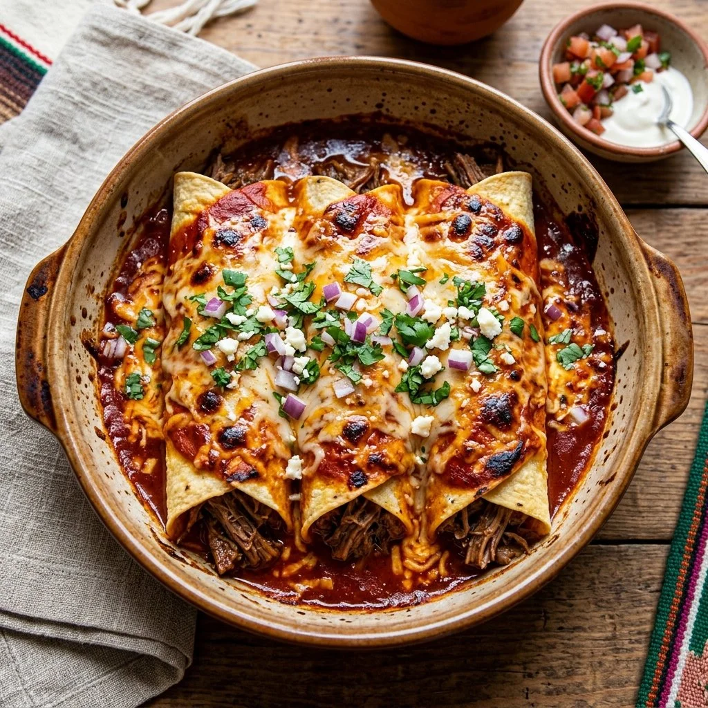Delicious beef enchiladas topped with cheese and sauce on a plate