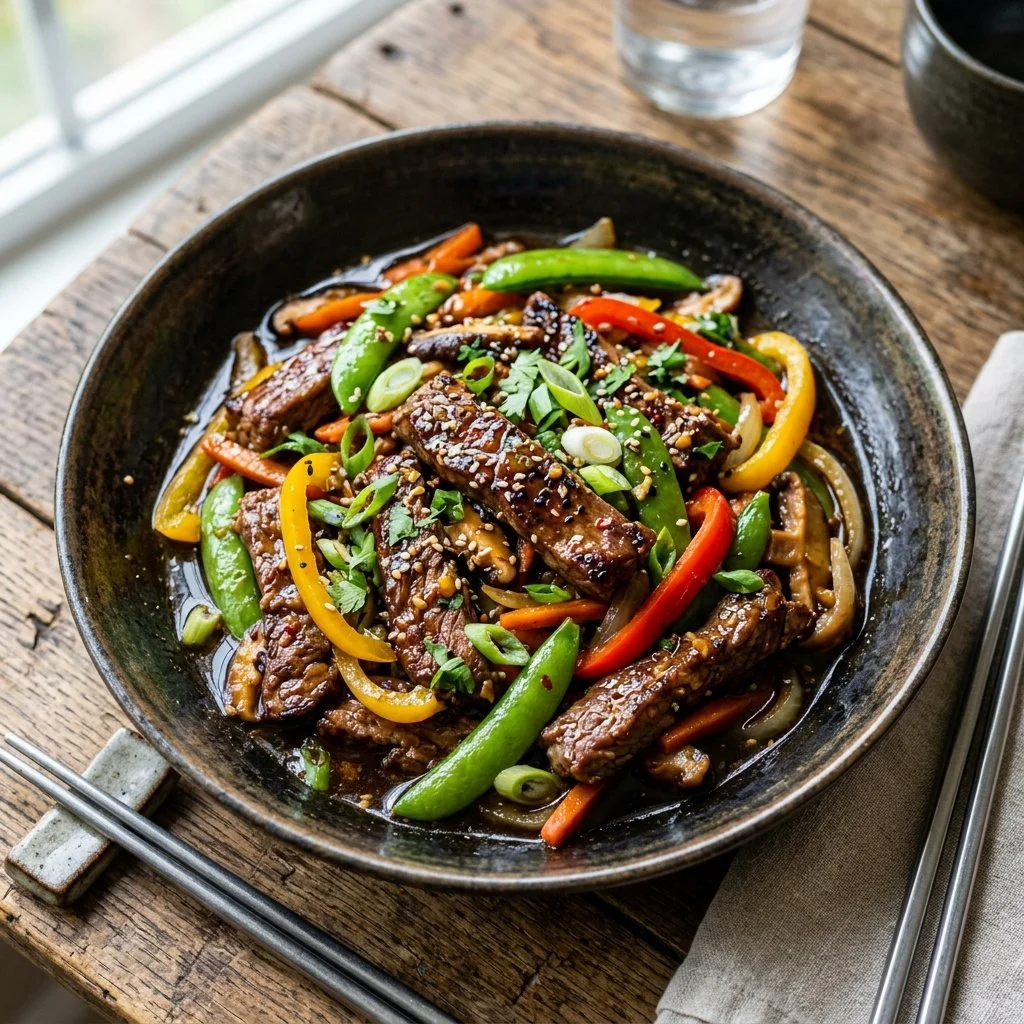 Delicious beef stir fry with colorful vegetables served on a plate.