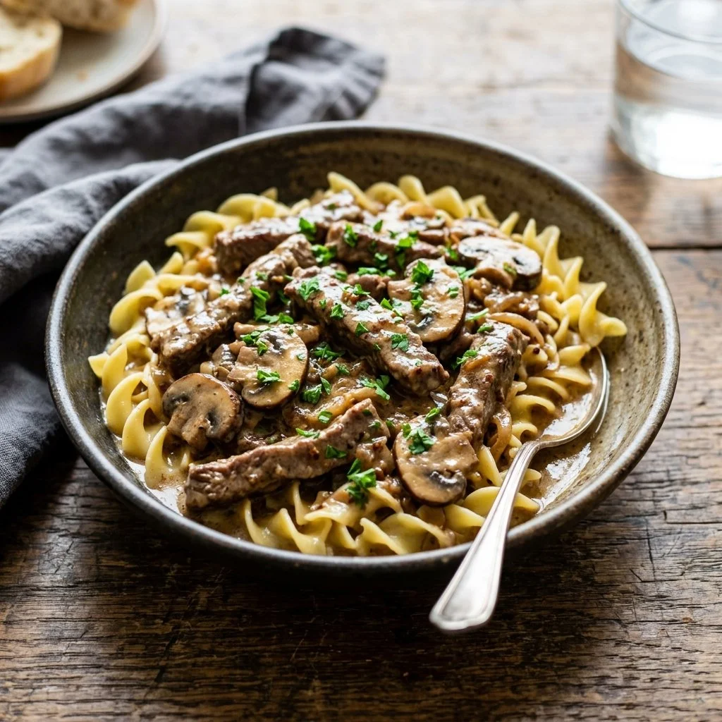 Delicious Beef Stroganoff served with creamy sauce and noodles