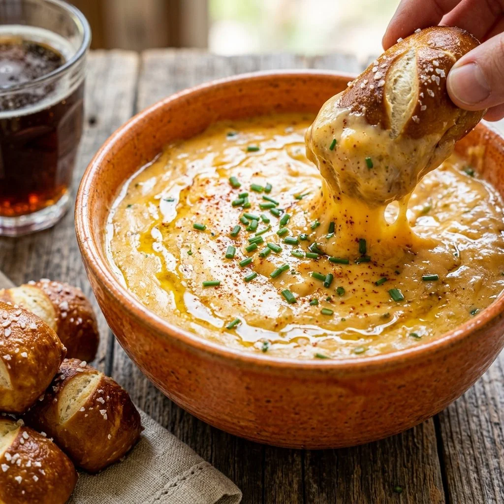 Delicious Beer Cheese Dip served with pretzels and veggies