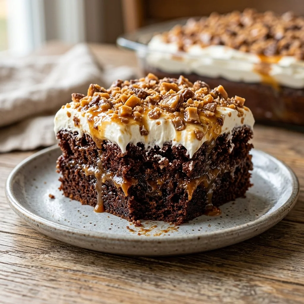 Delicious Better Than Anything Cake topped with whipped cream and chocolate