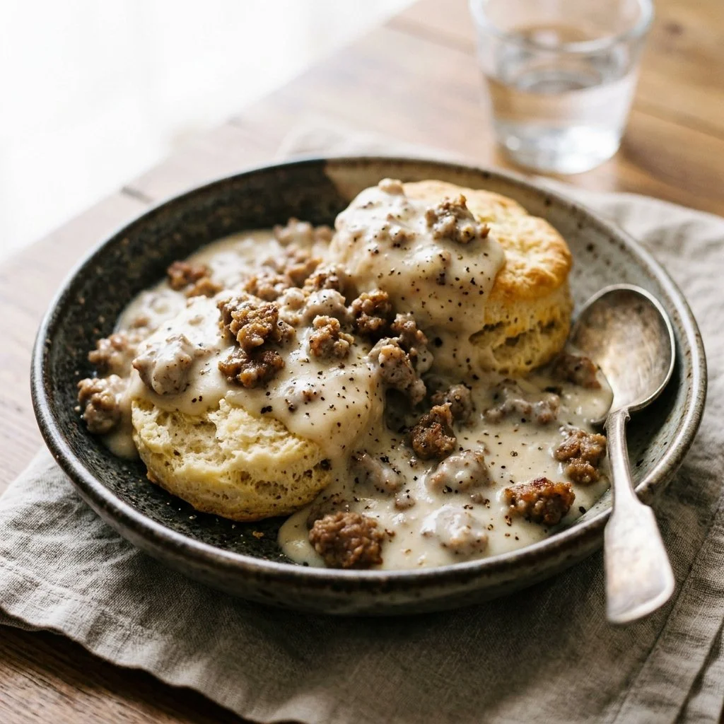 Delicious biscuits and gravy served in a bowl for breakfast