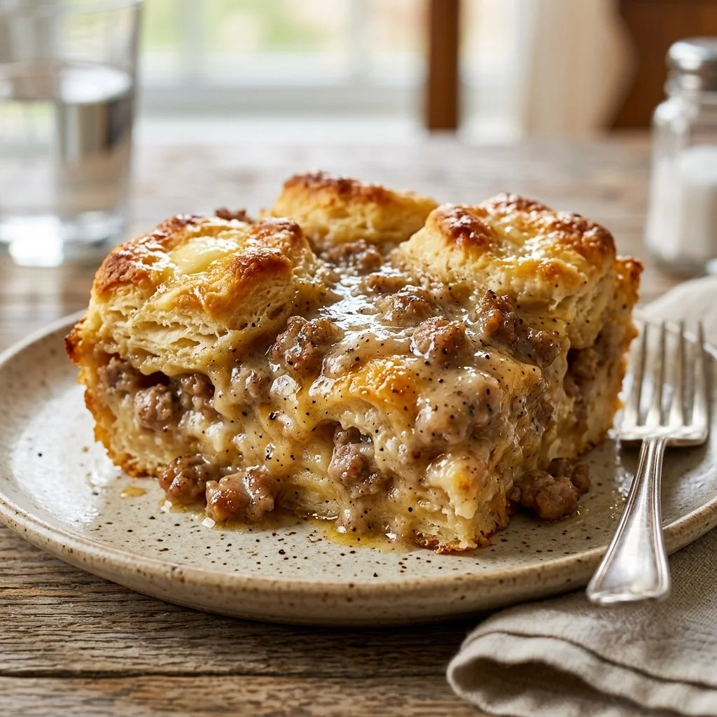 Biscuits and Gravy Casserole topped with creamy sausage gravy