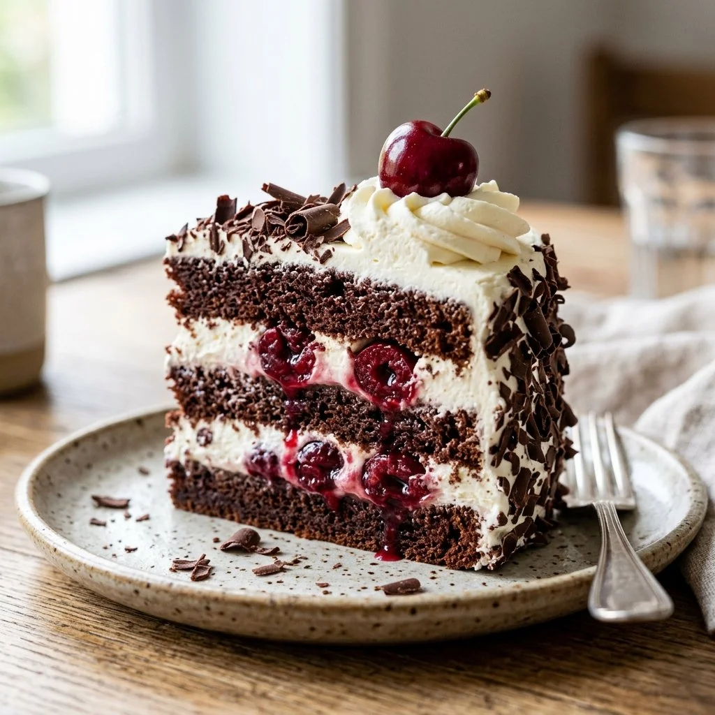 Delicious slice of homemade Black Forest Cake with cherries and whipped cream