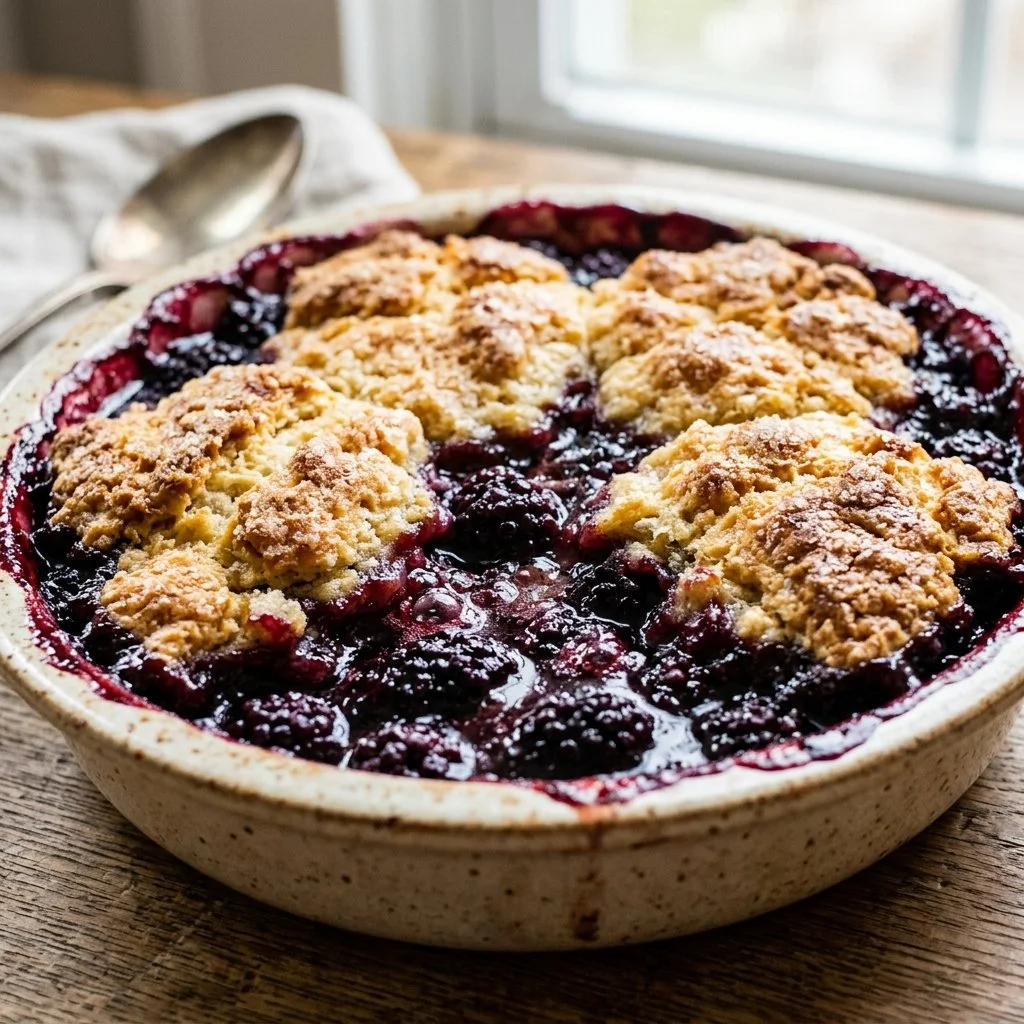 Delicious blackberry cobbler served warm with a scoop of vanilla ice cream