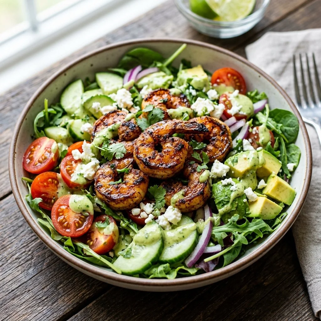 Delicious blackened shrimp salad with fresh vegetables and dressing.