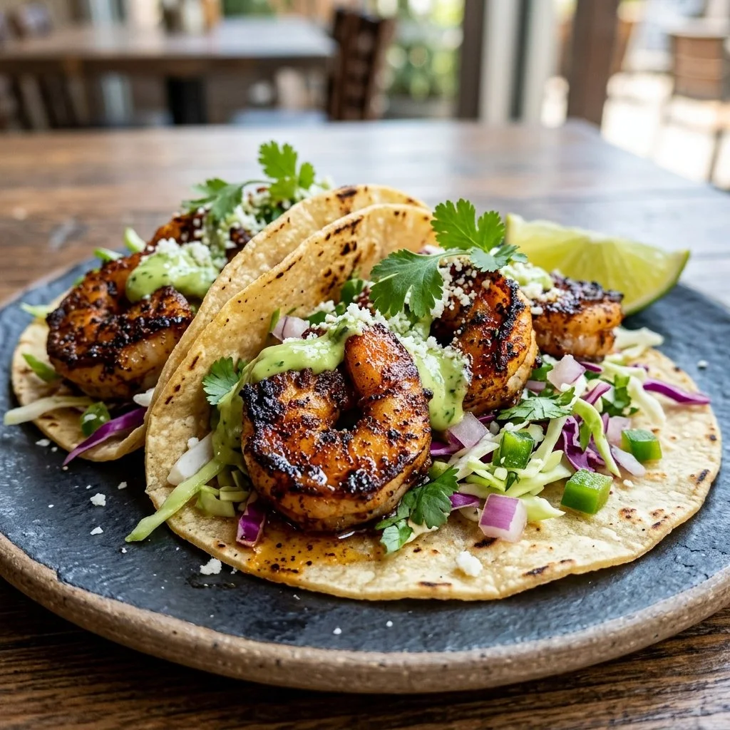Plate of blackened shrimp tacos topped with fresh ingredients and lime wedges
