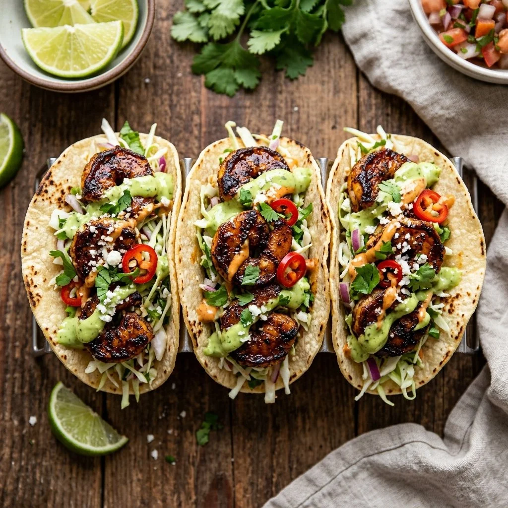 Delicious blackened shrimp tacos topped with fresh ingredients and vibrant colors.