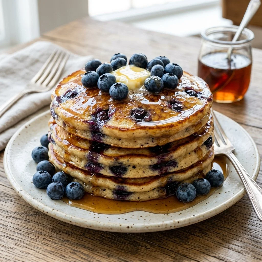 Delicious blueberry buttermilk pancakes stacked on a plate