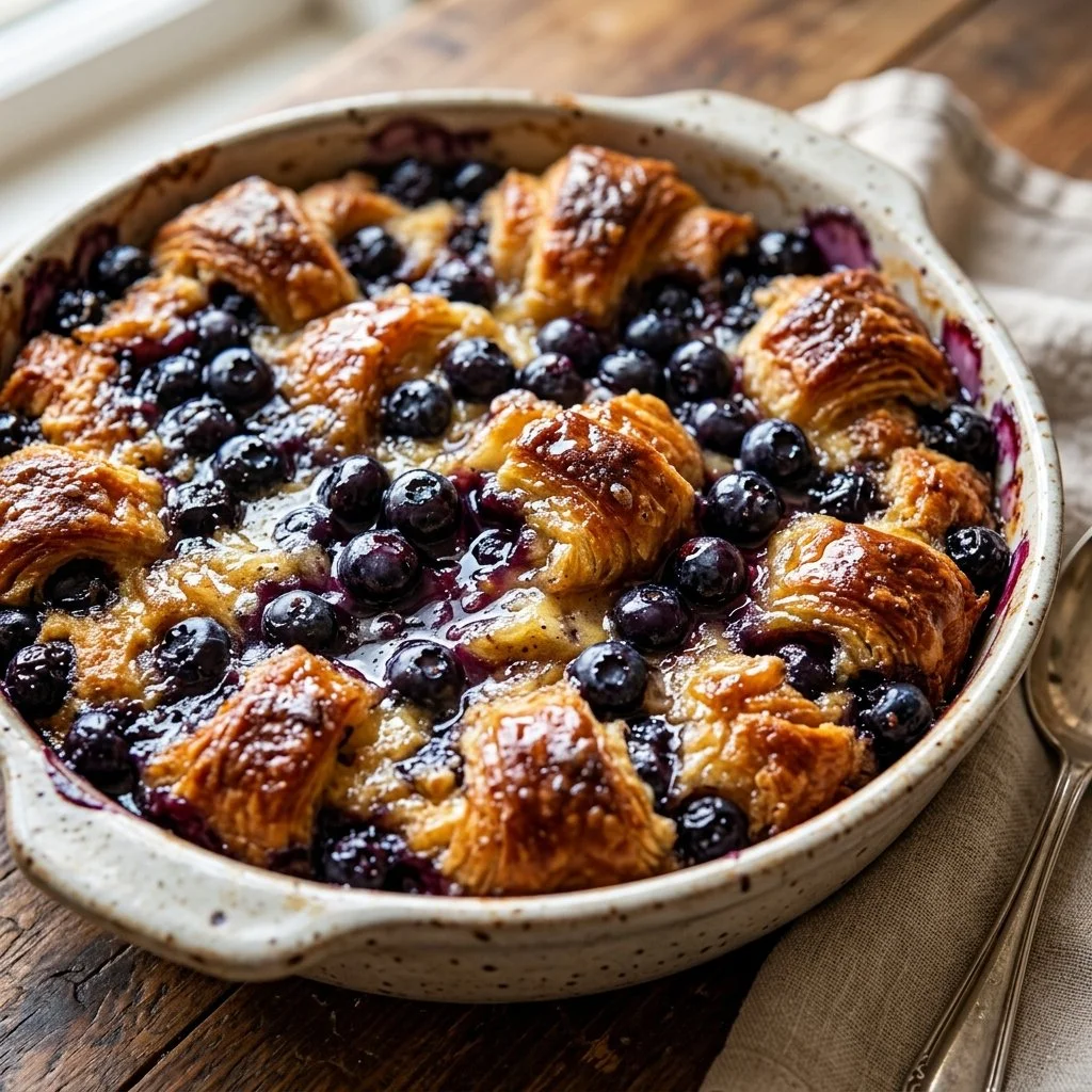 Blueberry croissant breakfast bake served in a dish with fresh blueberries on top
