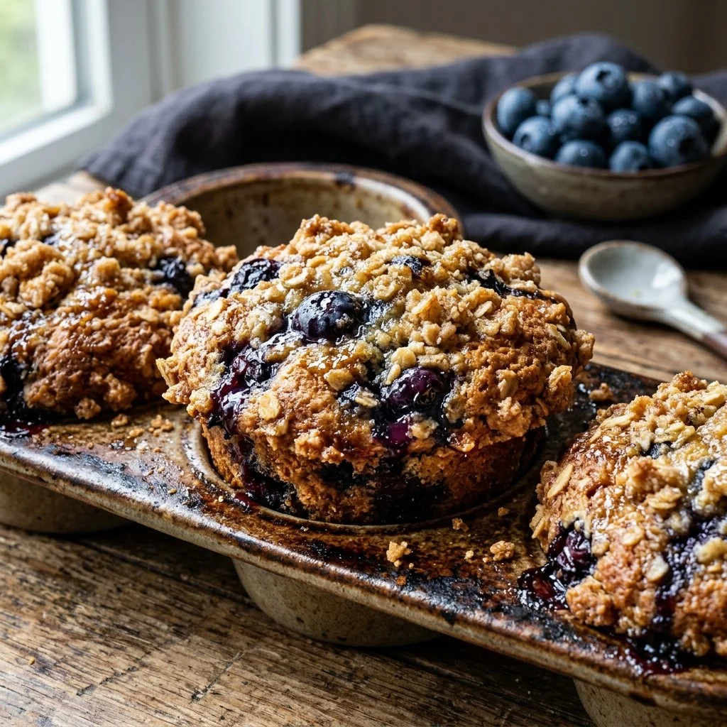 Freshly baked blueberry streusel muffins on a rustic wooden table