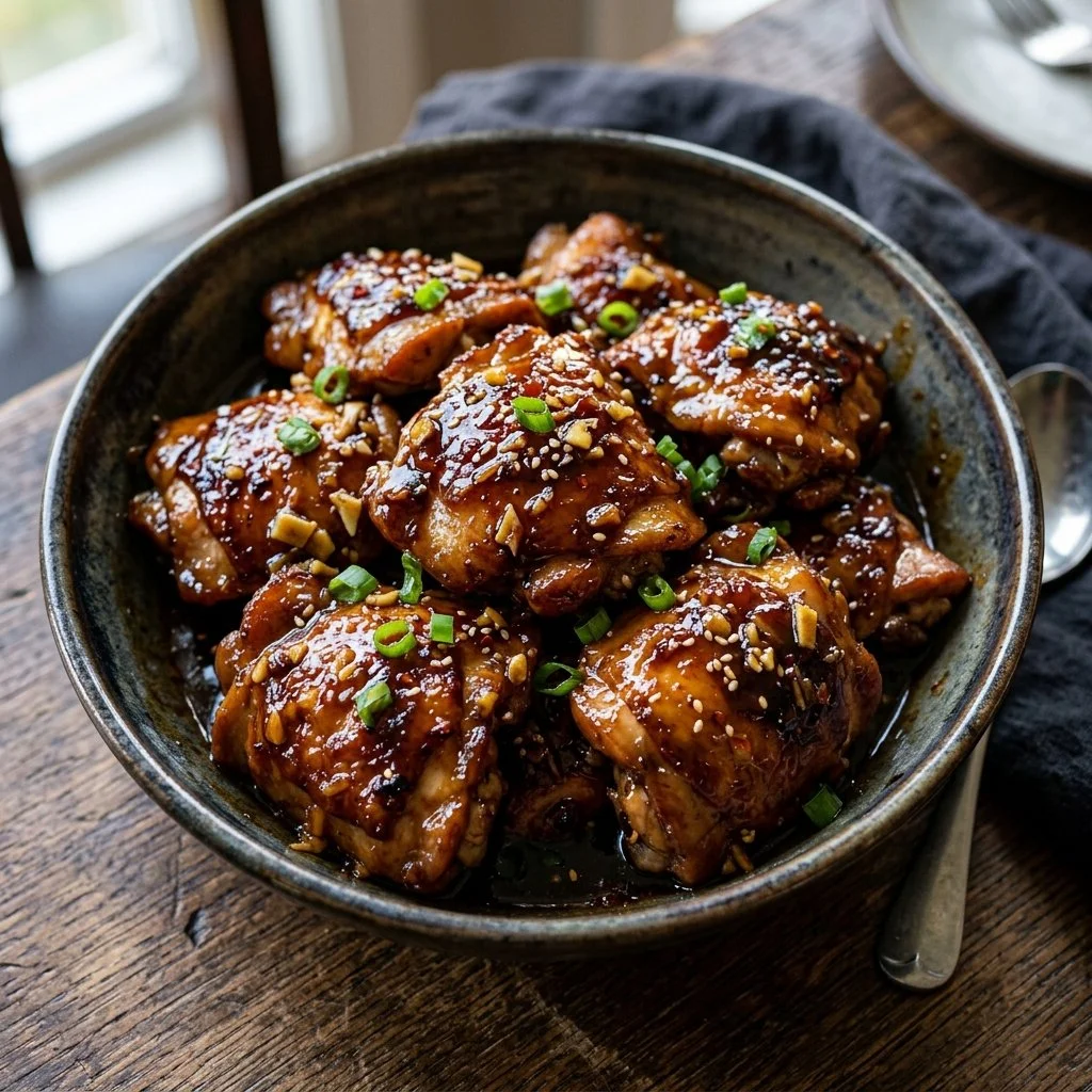 Delicious Bourbon Chicken served with rice and vegetables