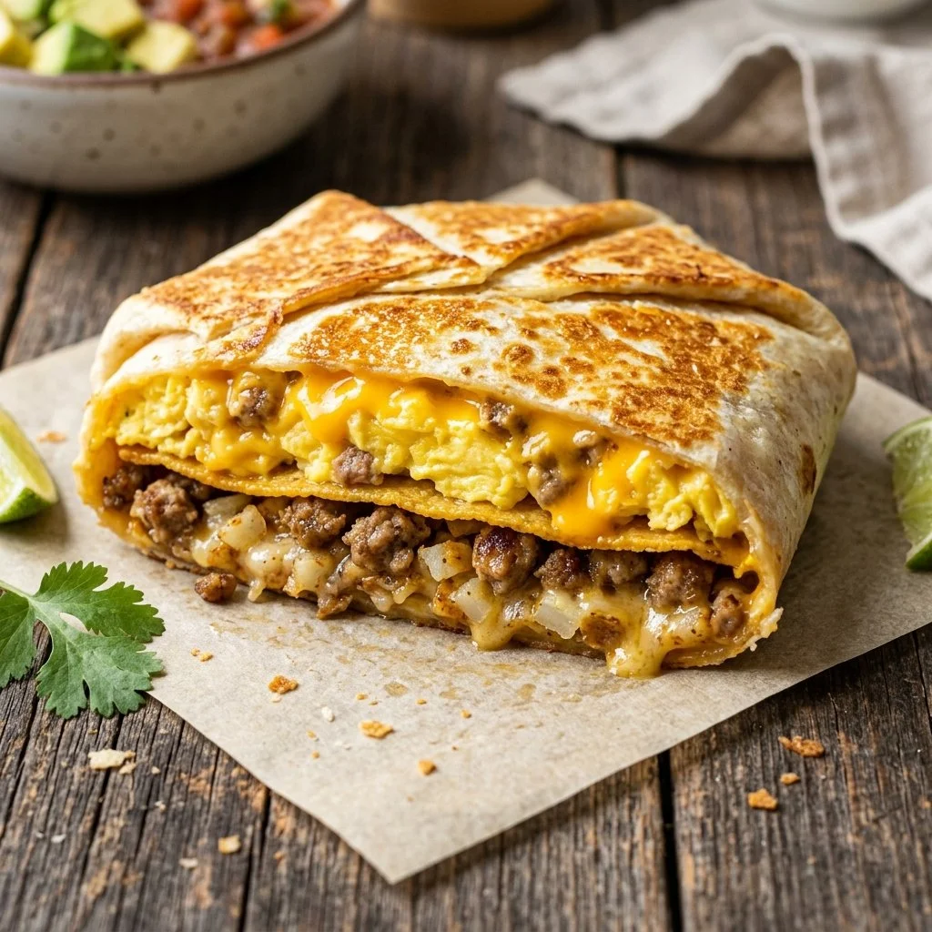 Delicious Breakfast Crunchwrap filled with eggs, cheese, and fresh ingredients.