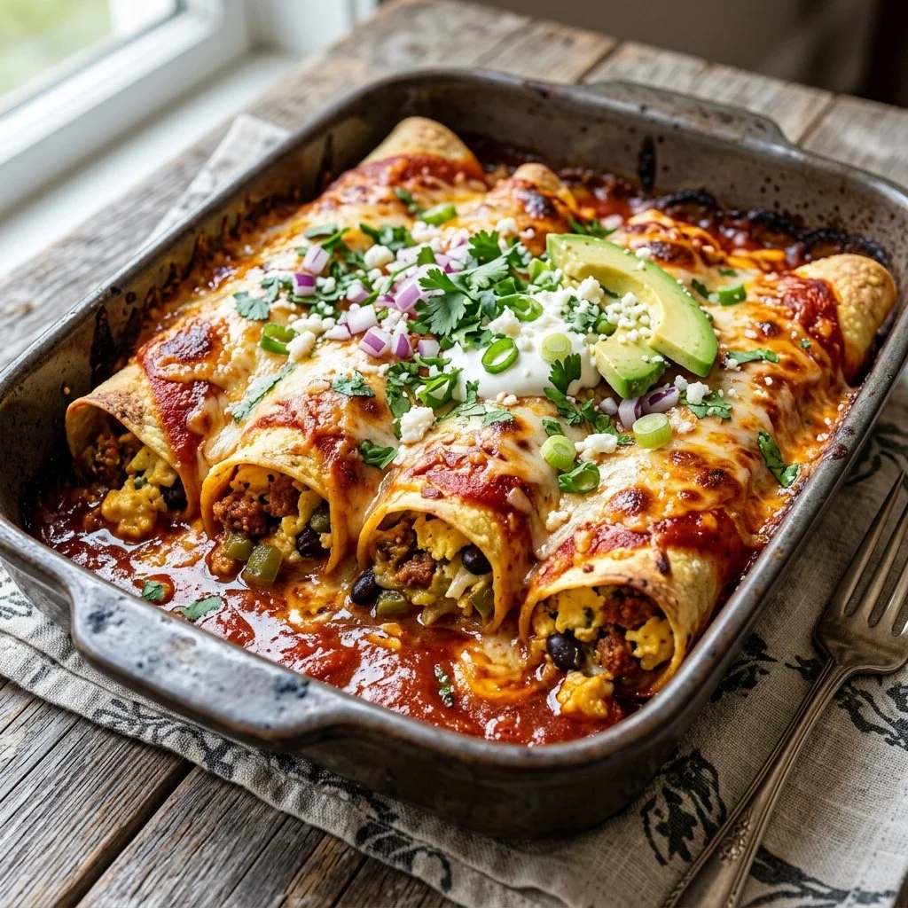 A plate of cheesy breakfast enchiladas topped with salsa and herbs.
