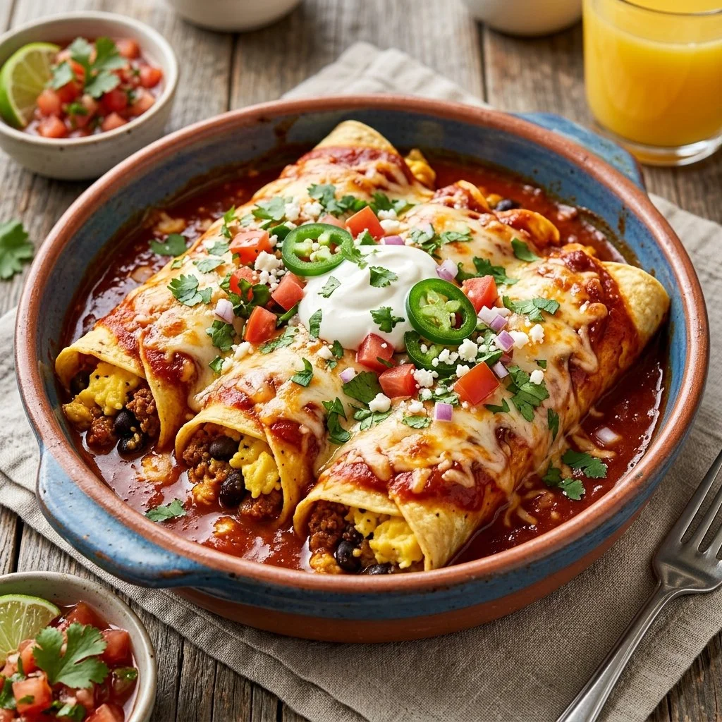 A plate of delicious breakfast enchiladas topped with cheese and garnished with cilantro