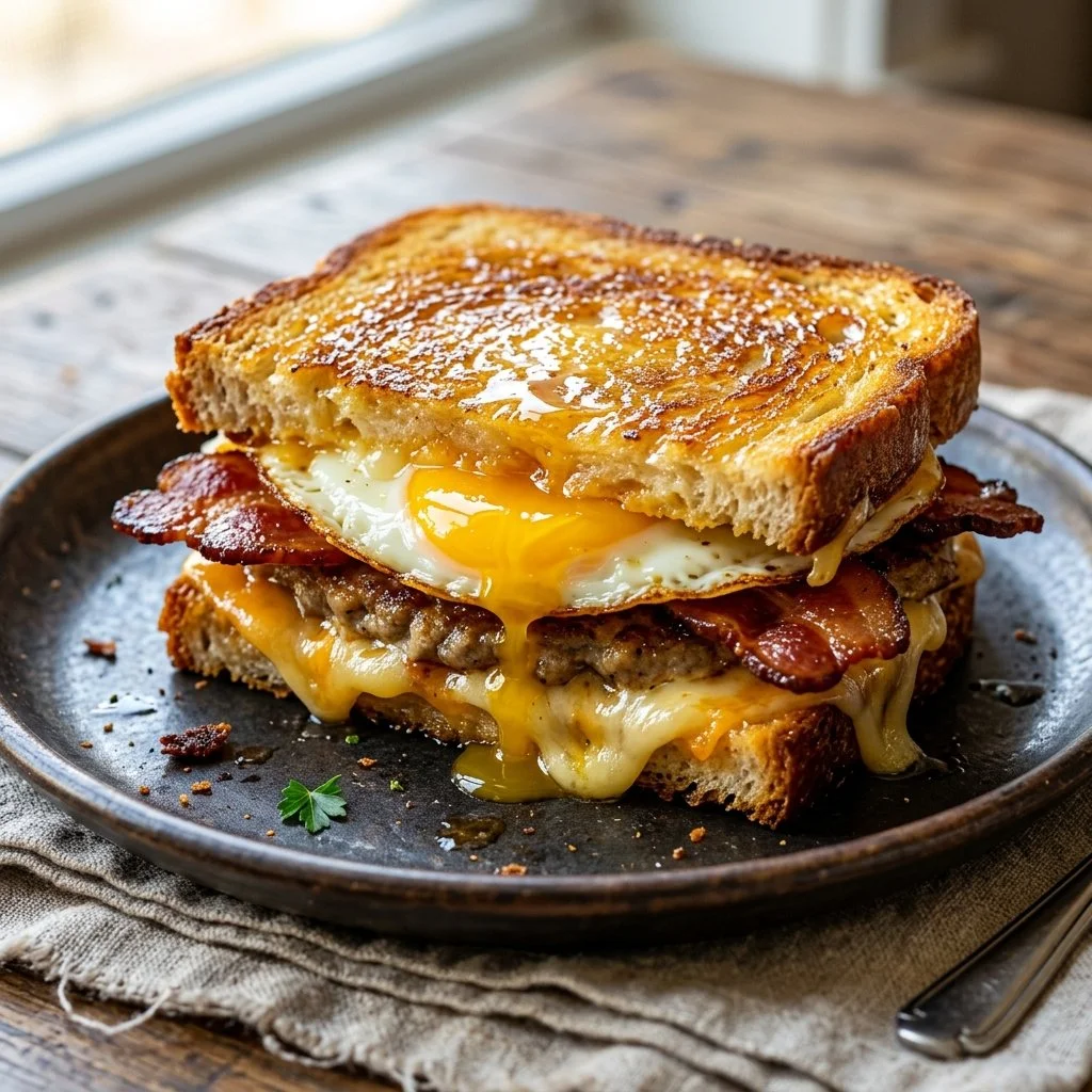 Delicious breakfast grilled cheese sandwich with melty cheese and crispy bread.