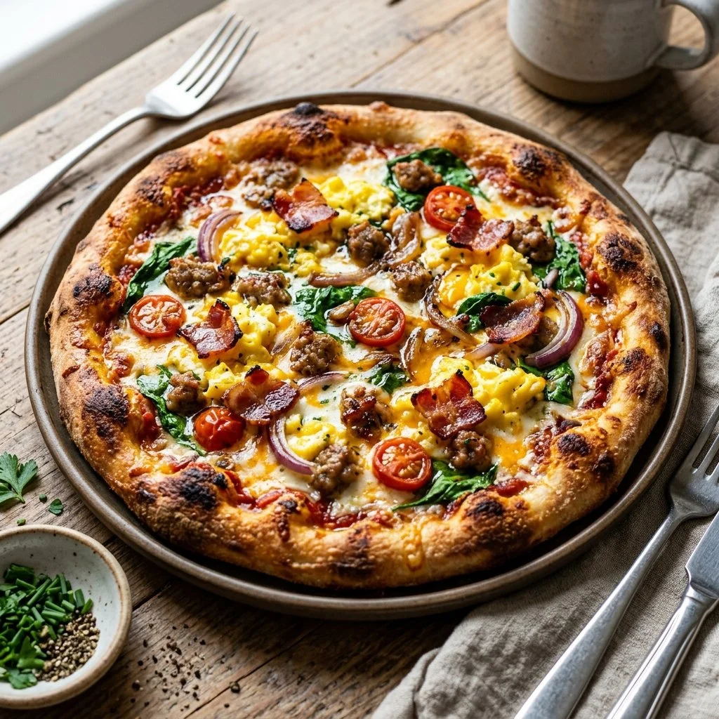 Delicious Breakfast Pizza topped with eggs, cheese, and veggies.