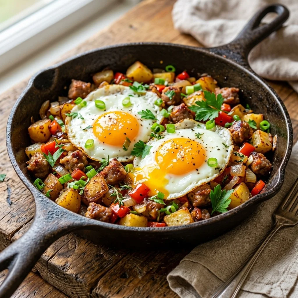 Delicious breakfast potato hash served in a bowl with vibrant vegetables.