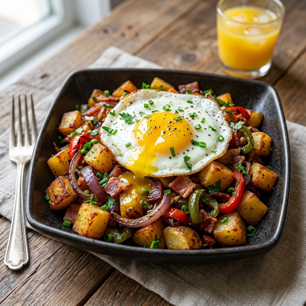 Delicious breakfast potato hash served in a warm skillet with fresh herbs.