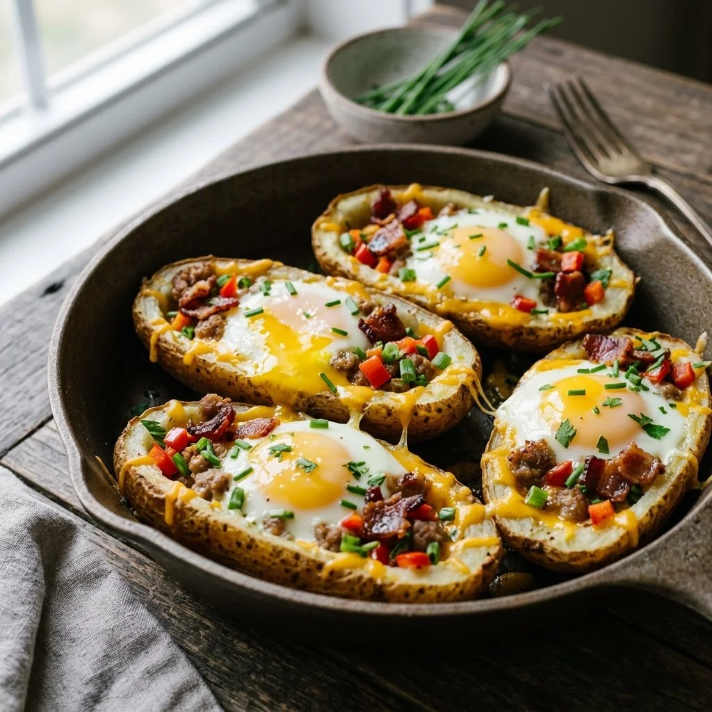 Delicious breakfast potato skins topped with eggs and cheese