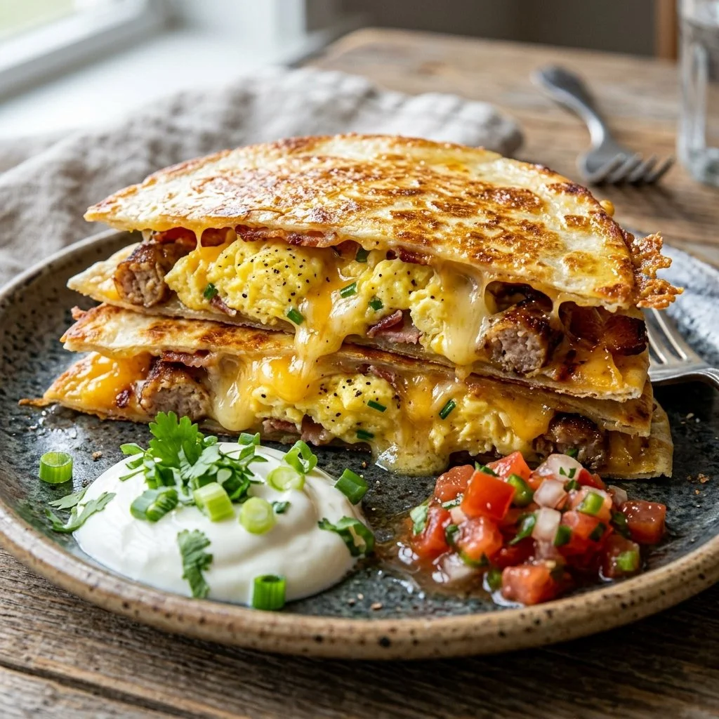 Delicious Breakfast Quesadillas with eggs, cheese, and veggies on a plate.