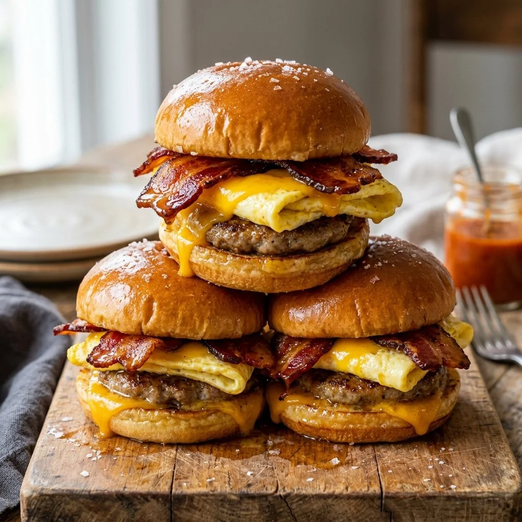 Delicious breakfast sliders served on a platter with fresh ingredients.