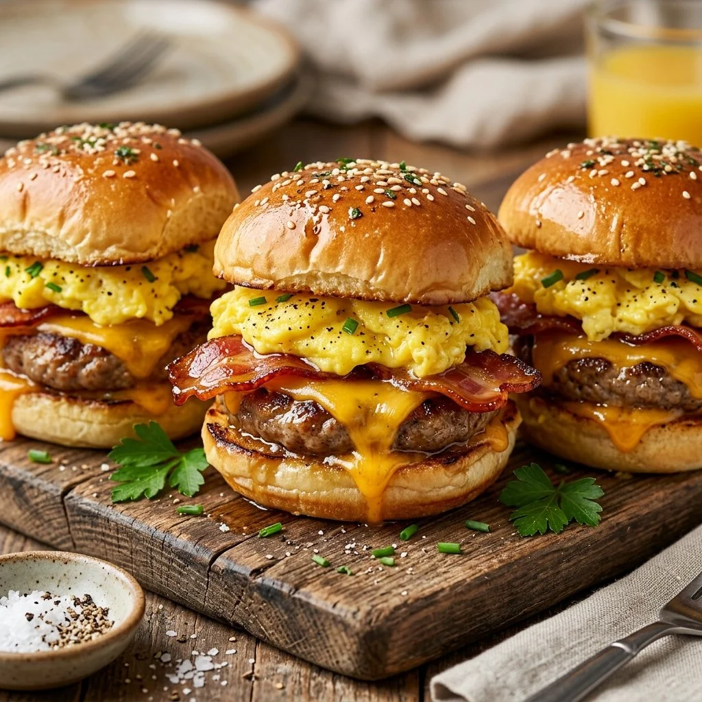Savory breakfast sliders with eggs, bacon, and cheese on soft buns.