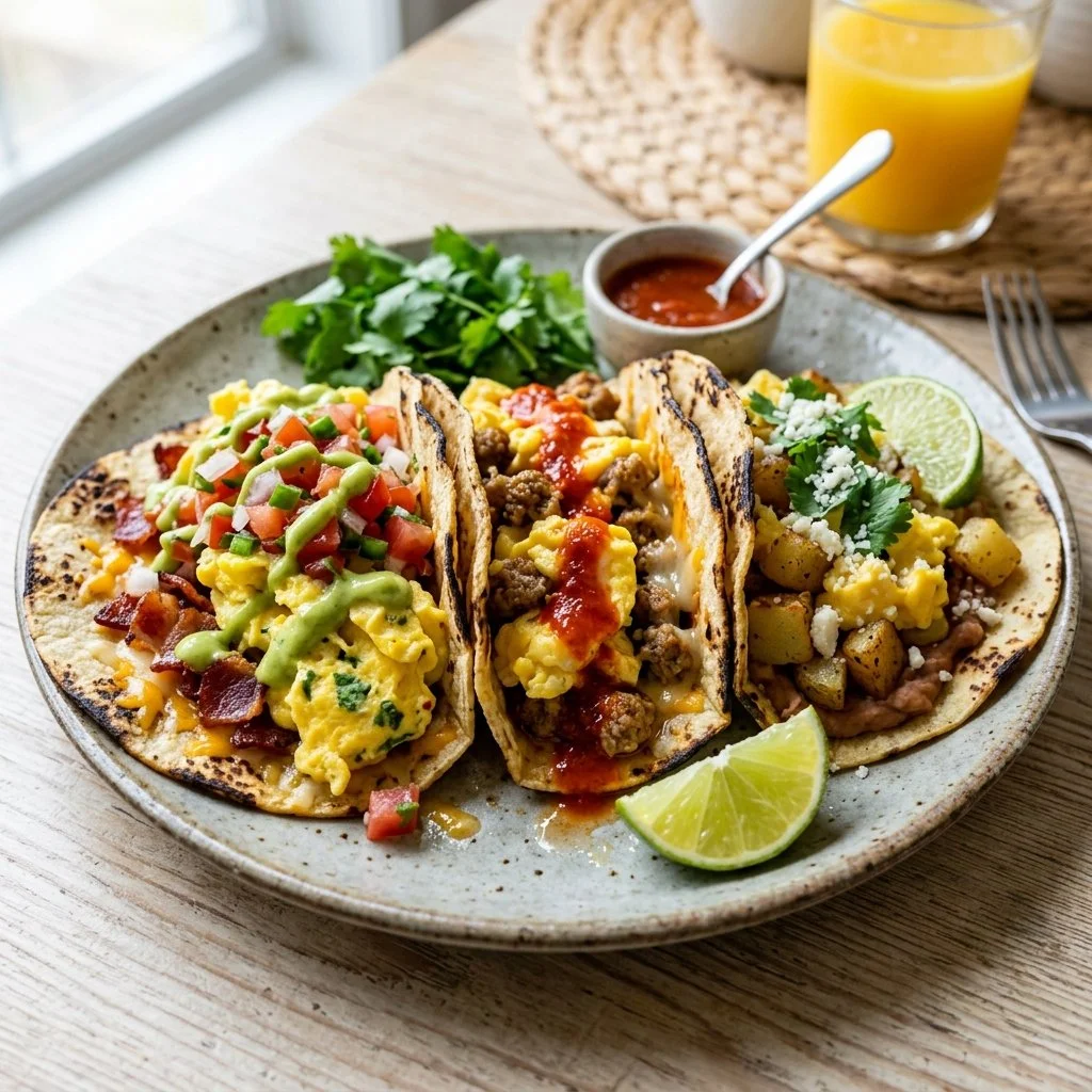 Delicious breakfast tacos served with fresh ingredients and toppings