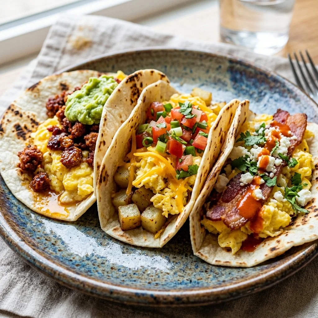 Delicious breakfast tacos with eggs, cheese, and salsa served on a rustic plate.