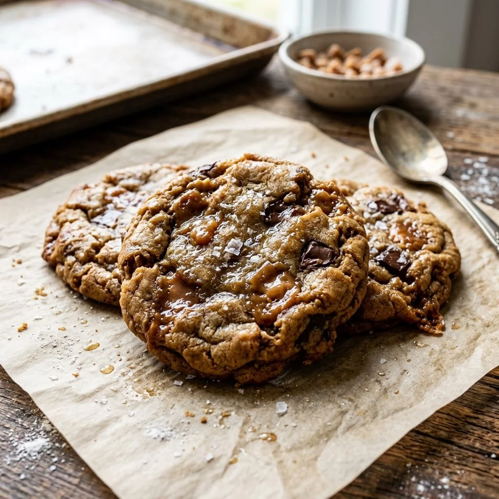Freshly baked brown butter toffee cookies on a wooden table