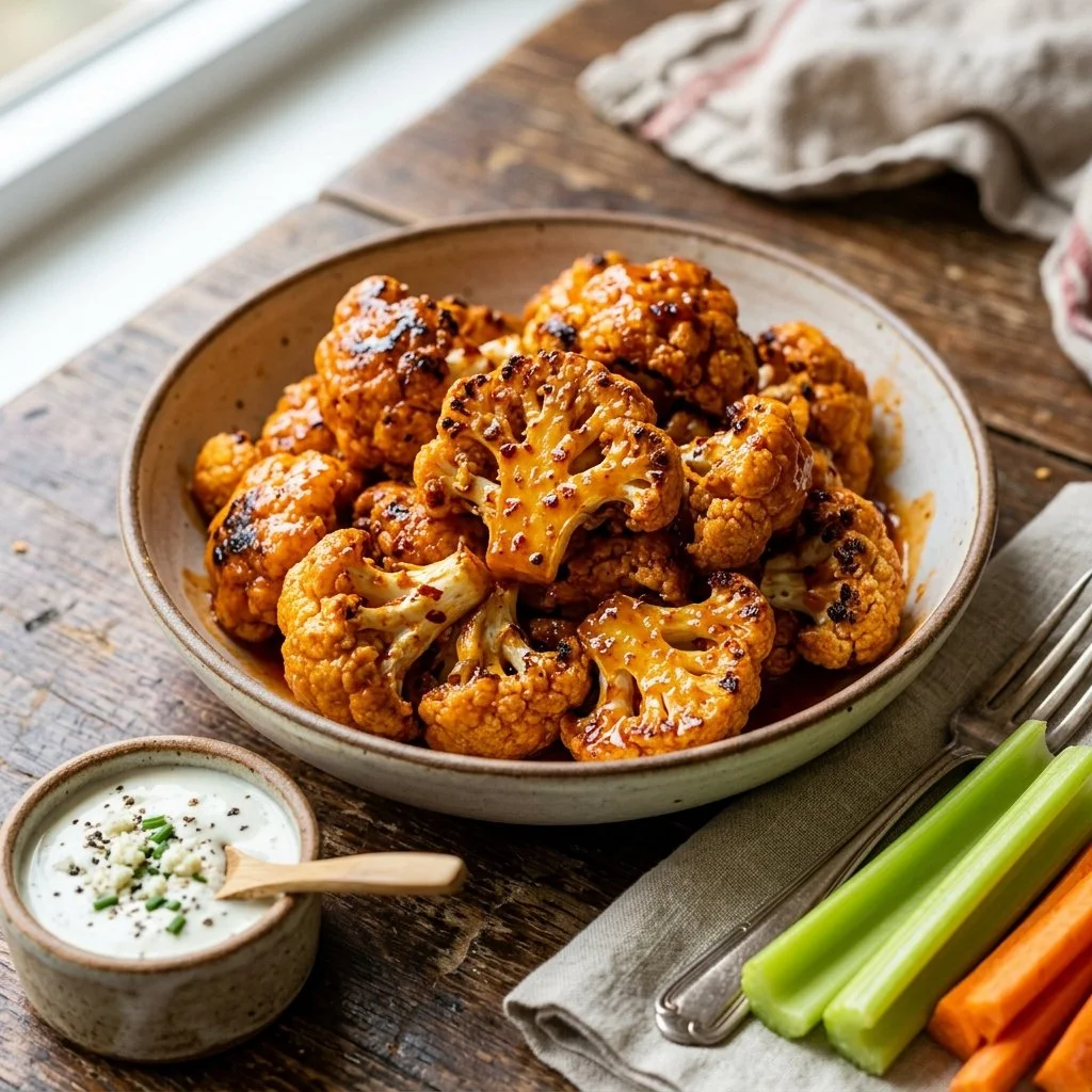 Plate of crispy Buffalo Cauliflower Wings garnished with celery and blue cheese dressing