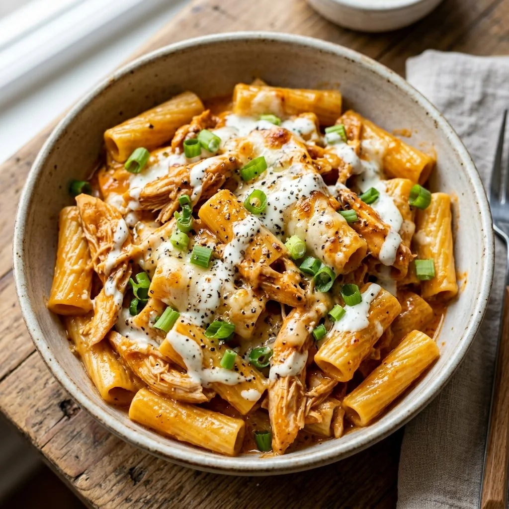 Delicious bowl of Buffalo Chicken Pasta with creamy sauce and chicken pieces
