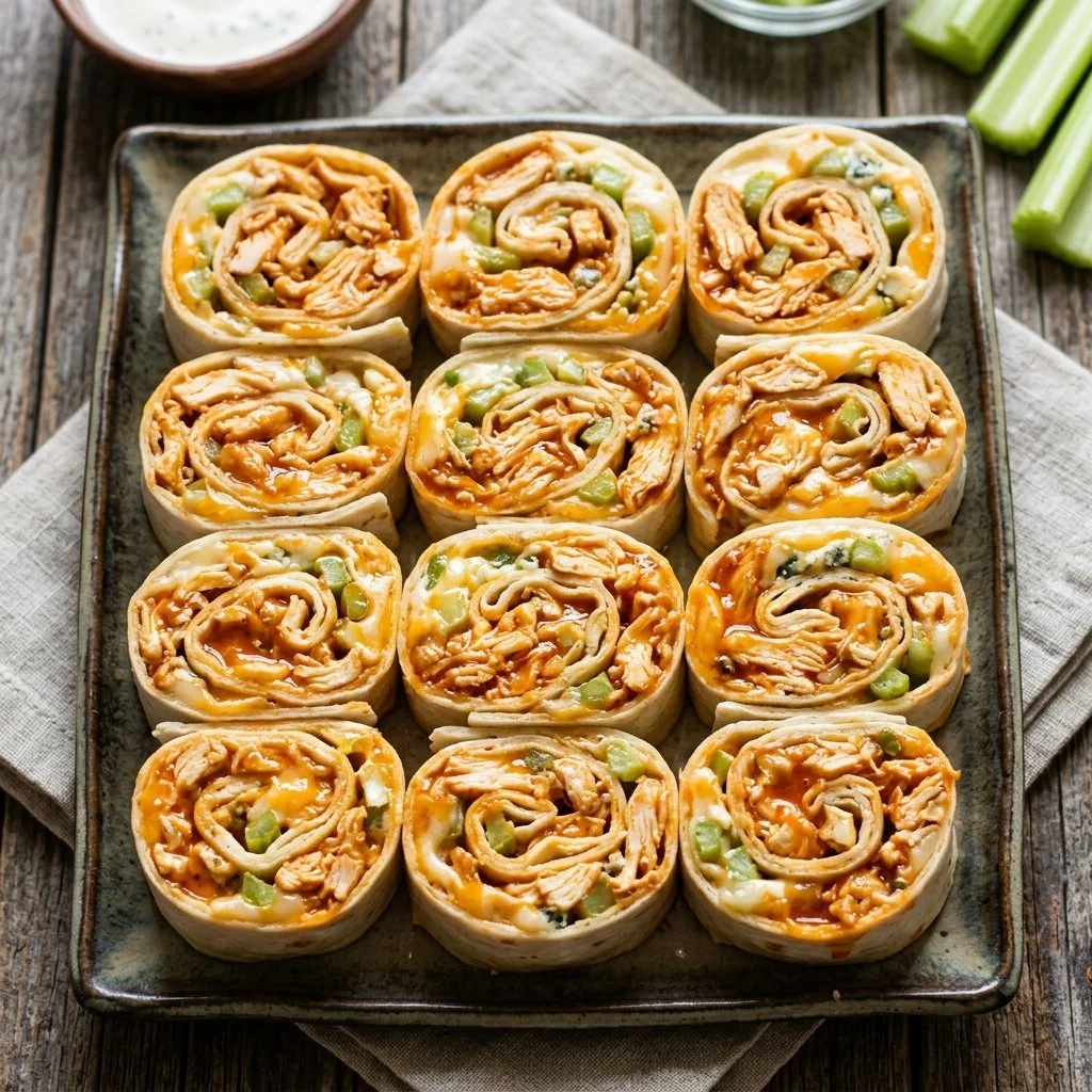 Buffalo Chicken Pinwheels served on a platter with dipping sauce