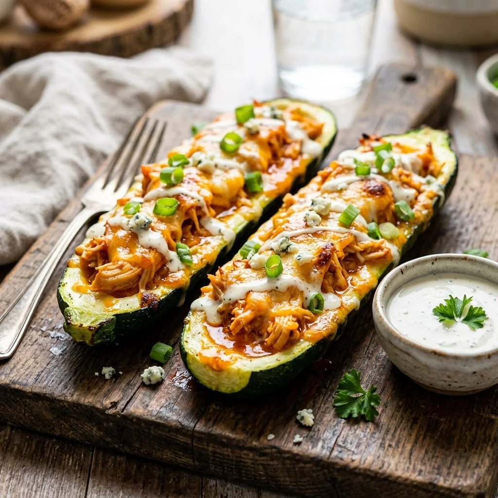 Buffalo Chicken Zucchini Boats filled with spicy buffalo chicken and cheese
