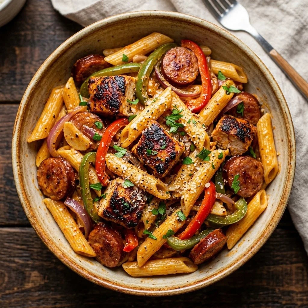 Delicious plate of Cajun Chicken Pasta with bell peppers and creamy sauce