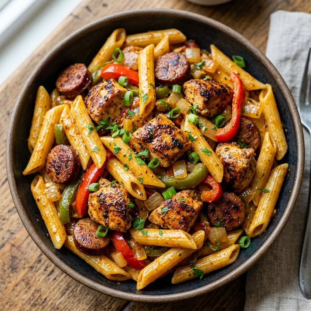 Delicious Cajun Chicken Pasta with colorful vegetables and creamy sauce