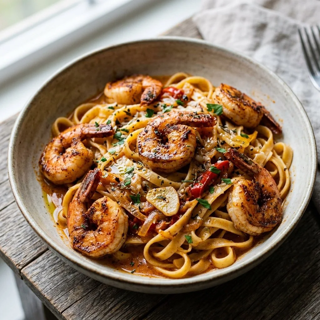 Delicious Cajun Shrimp Pasta with spices, shrimp, and creamy sauce served in a bowl.