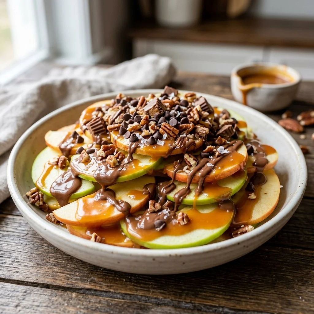 Delicious Caramel Apple Nachos drizzled with caramel and topped with nuts