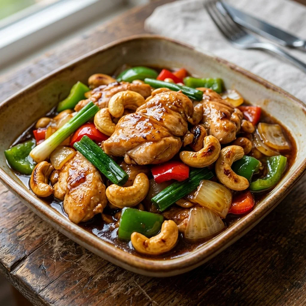 Plate of homemade cashew chicken served with vegetables and rice