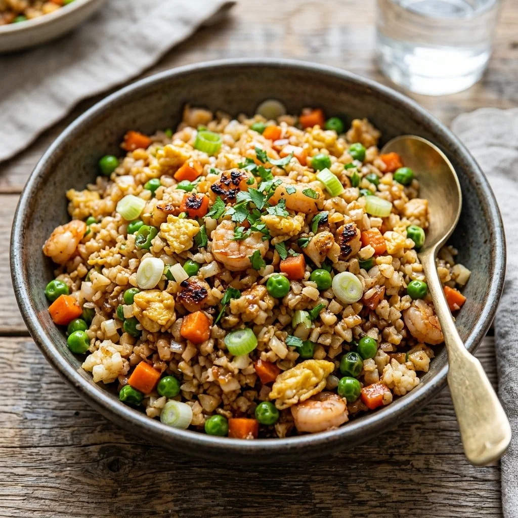 Bowl of healthy cauliflower fried rice garnished with vegetables