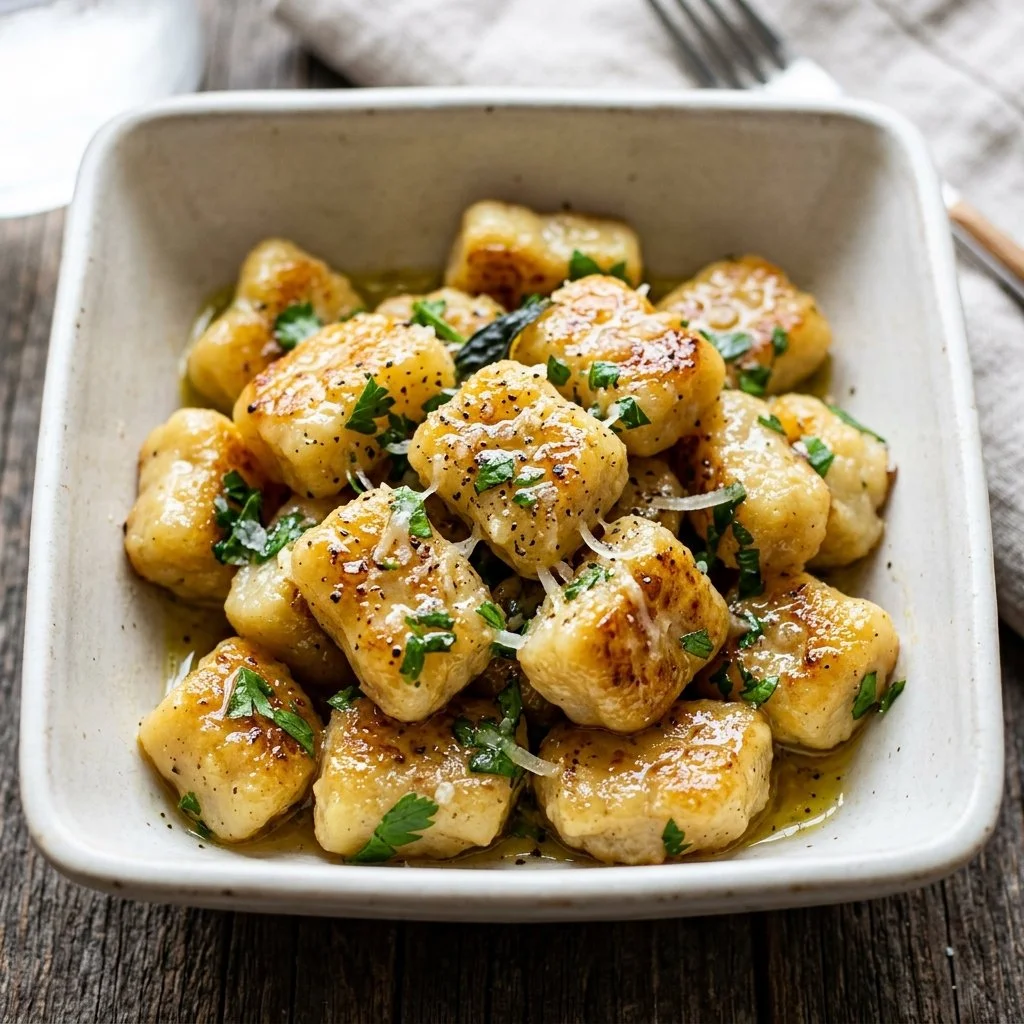 Plate of homemade Cauliflower Gnocchi served with fresh herbs and sauce