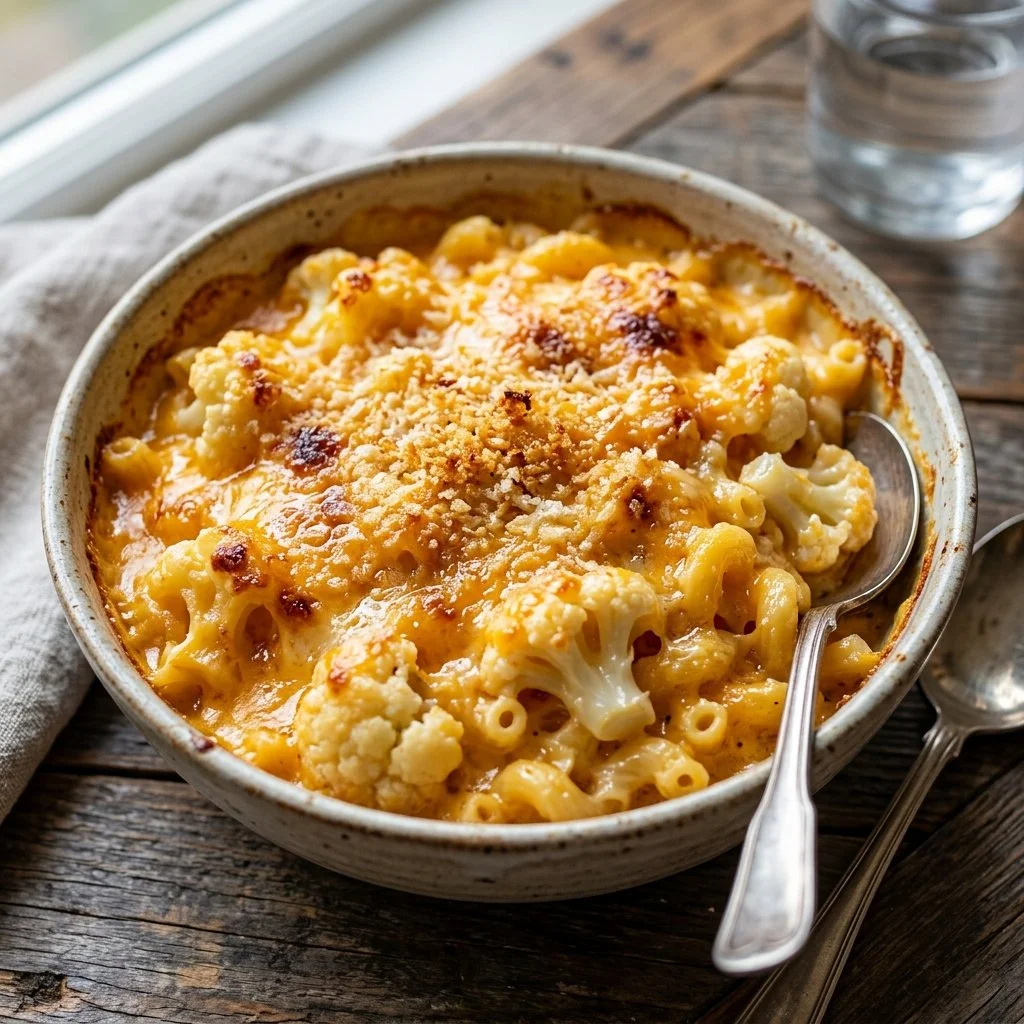 Bowl of cauliflower mac and cheese topped with golden cheese and herbs