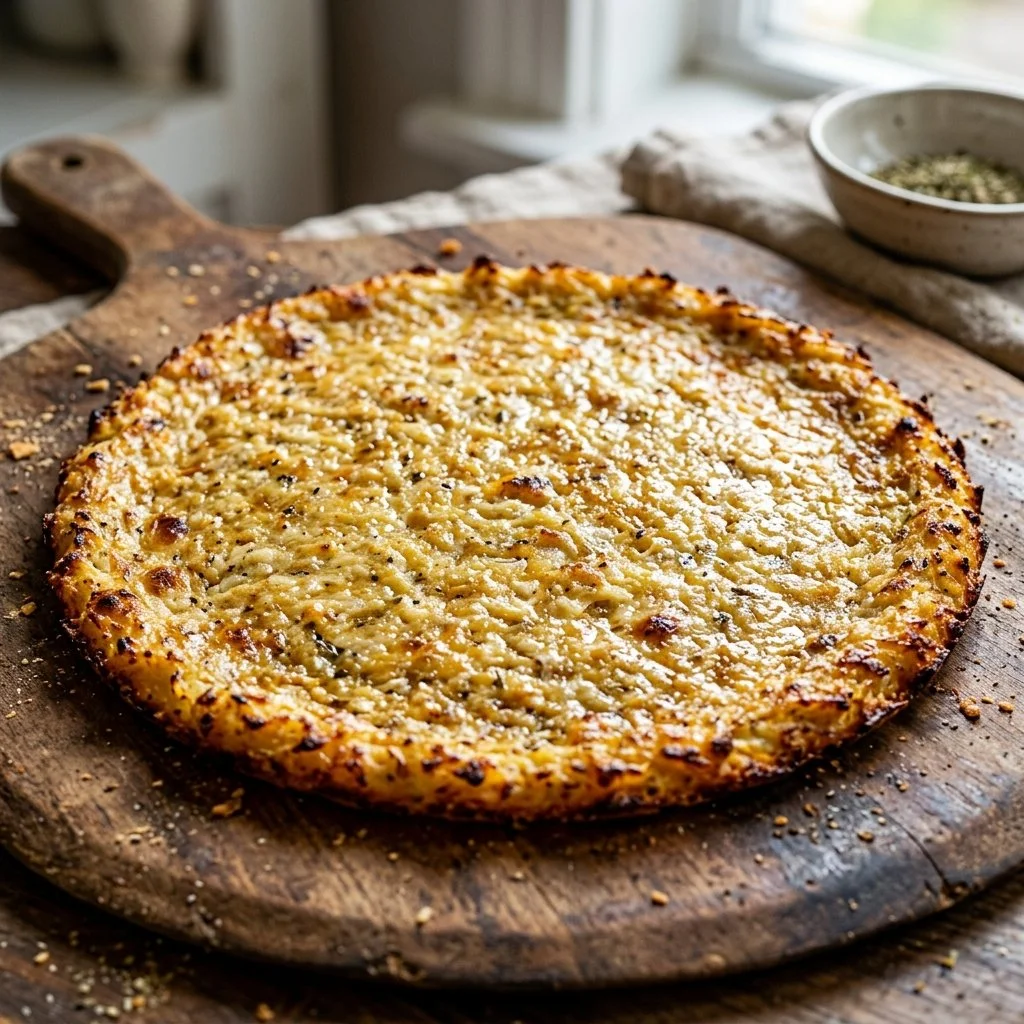 Homemade cauliflower pizza crust ready to be topped with fresh ingredients