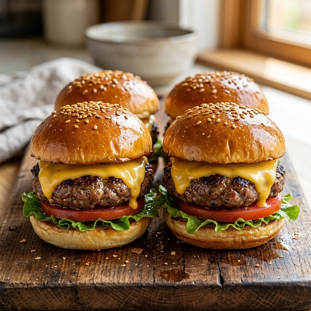 Plate of tasty cheeseburger sliders garnished with pickles and onions