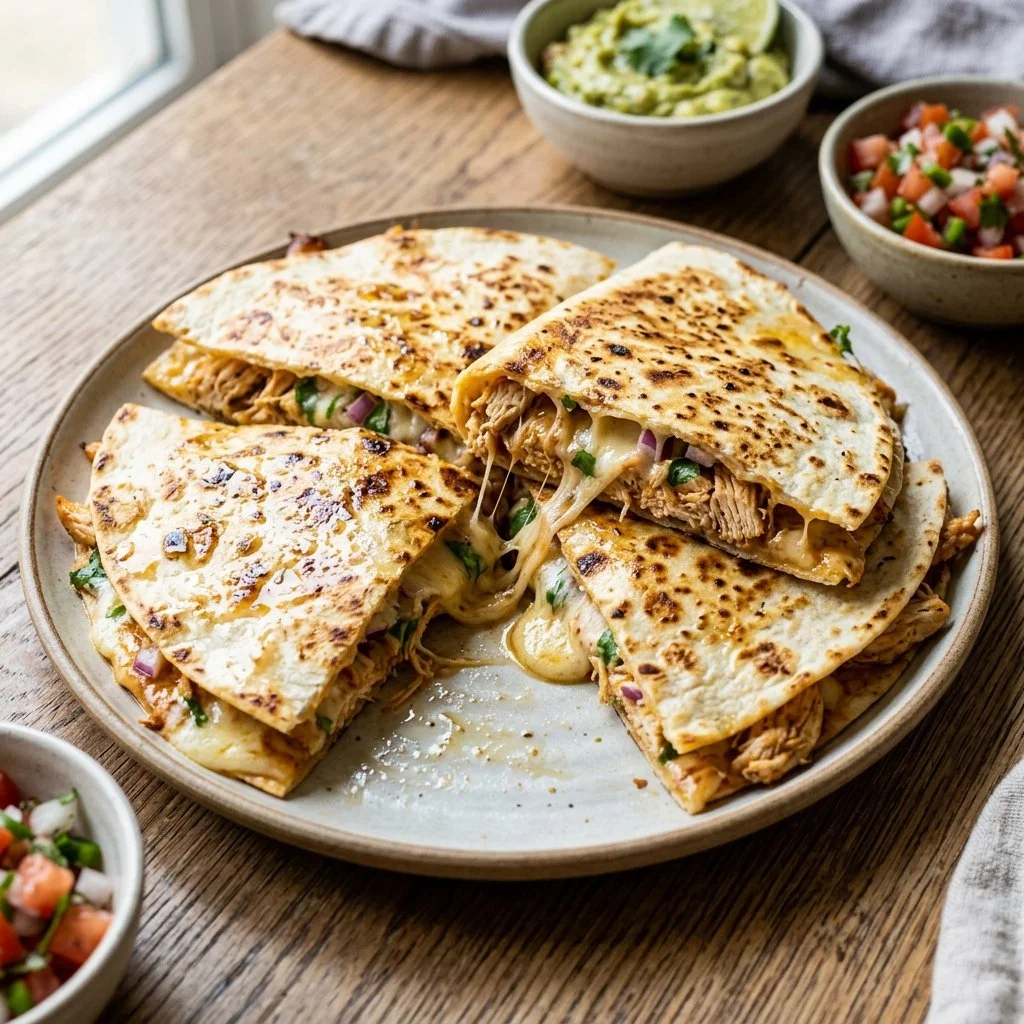 Delicious cheesy chicken quesadillas served with salsa and guacamole.